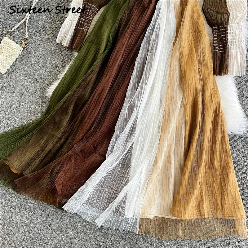 Платье женское весенне-осеннее с рукавом Сетчатое платье-фонарь воротником-поло