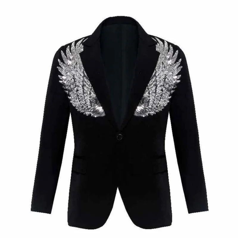 Sequin stitching wings suit men's blazers black marynarki marynarka męska stage party slim fit кастюмы мужской bleizer masculino
