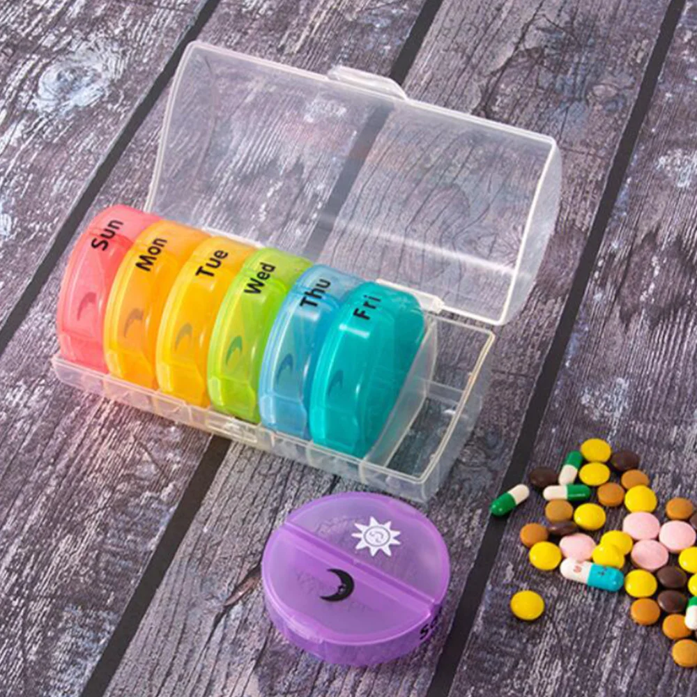 

Round 14 Compartments Pill Box Organizer Holder Mini Tablet Medicine Storage Dispenser Cutter Moistureproof Vitamin Cont