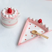 plate set cake stand pink kawaii plates dishes strawberry pink white jar triangle food tableware kitchen dessert ceramic %ec%a0%91%ec%8b%9c