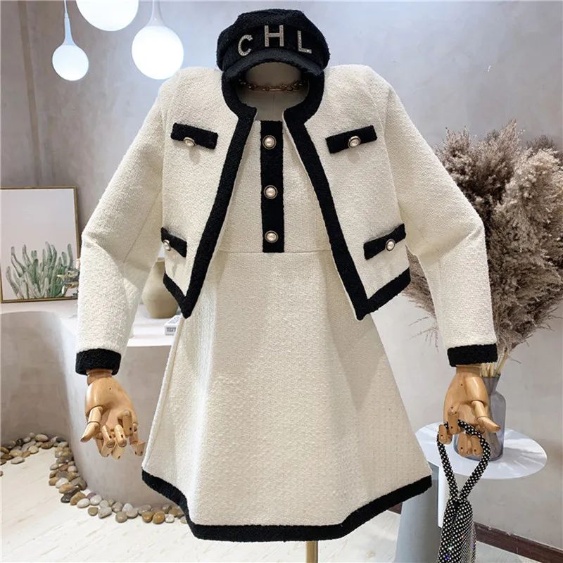 

New Women's Clothing 2021 Autumn Winter Temperament suit Long sleeve Tweed short coat + vest Dress two-piece set
