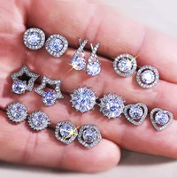 womens stud earrings silver color filled zircon crystal round heart star flower earrings for women jewelry party gifts