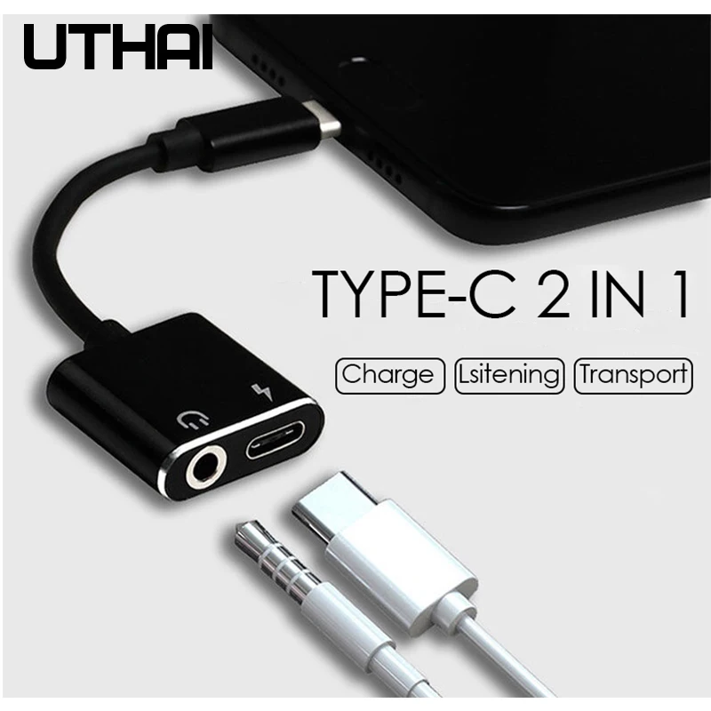 Аудиоадаптер UTHAI T11 Type C на 3 5 мм разъем для наушников конвертер 2 в 1 зарядки кабель
