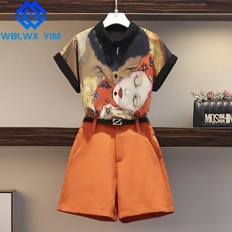 

Summer 2 piece set Women Short Sleeve Lapel Chiffon Shirt And High waist Wide leg Shorts Fashion Print Two piece set Womens