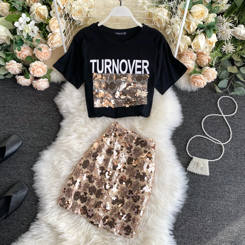

Set 2021 new women's summer short-sleeved T-shirt design sense bling sequined skirt fashion two-piece suit
