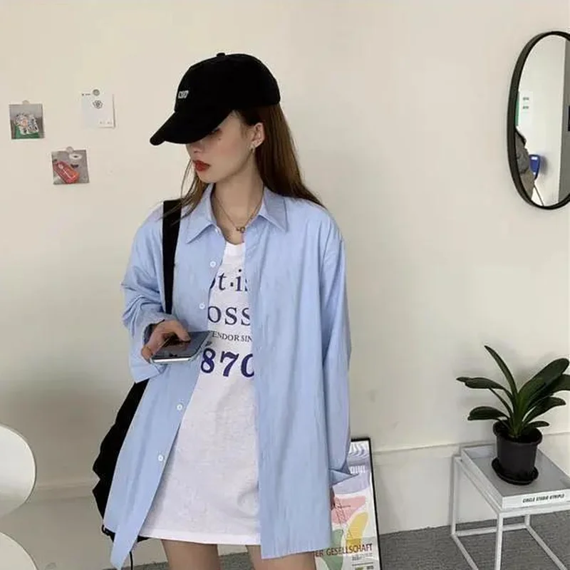Однотонные синие женские рубашки свежая верхняя одежда для студентов милый