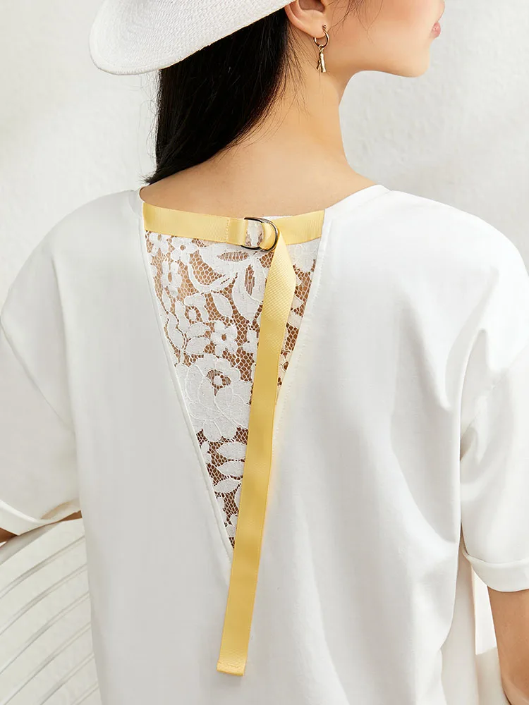 

AMII Minimalism Spring Summer Lace Splice Women Tshirt Causal Oneck Short Sleeves Loose Female Tshirt 12070167