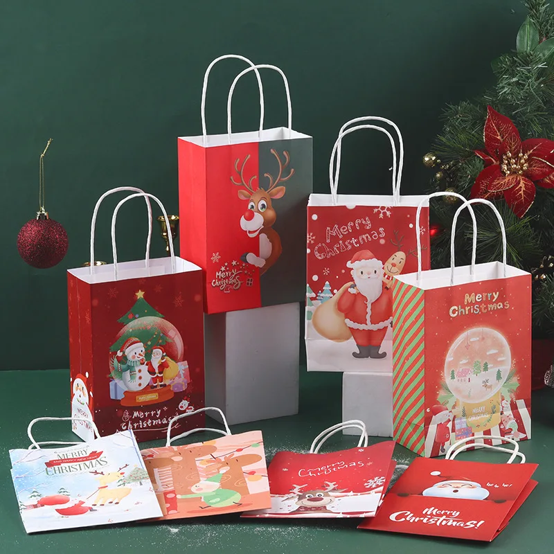 

5pcs Christmas Gift Bag Kraft Paper Bag Christmas Gift Packing Bag Elk Santa Claus Gift Bag Merry Christmas Decoration Noel 2021