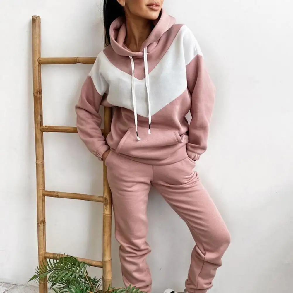 

Hot Sale Popular 1 Set Hoodie Pants Set Hooded Drawstring Women Contrast Color Sweatshirt Pockets Pants for Sports Casual2021New
