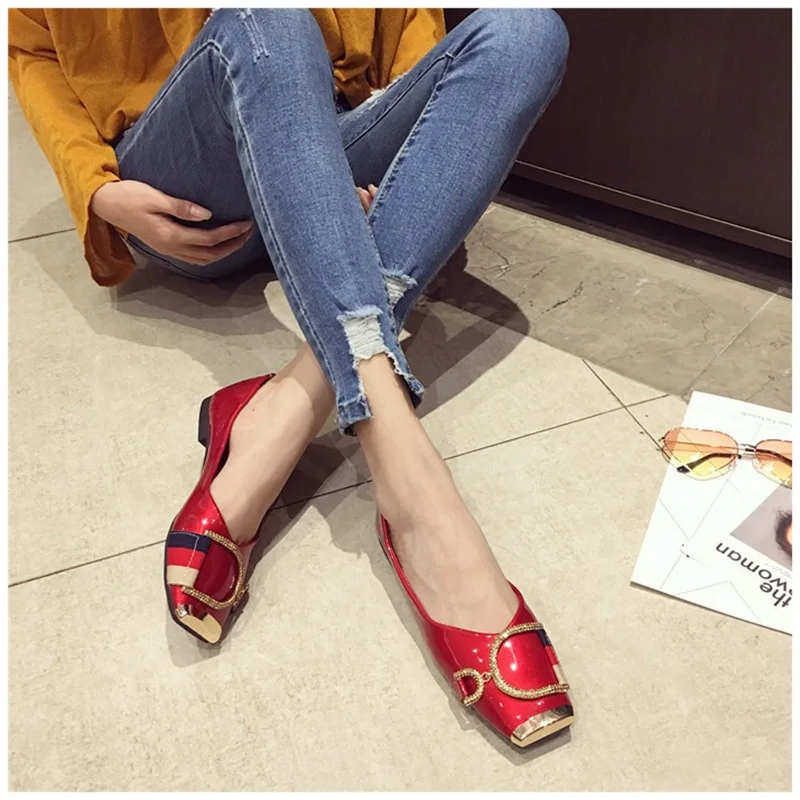 SUOJIALUN Rhinestone Buckle Flat Shoes Women Square Toe Ballerina Slip On Ladies Shoes Fashion Design Luxury Loafers Flat Shoes