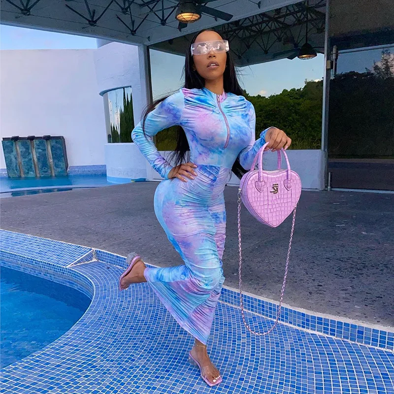 

Женское облегающее платье с принтом, цветное платье с длинным рукавом и рюшами, на молнии, для фитнеса, уличная одежда