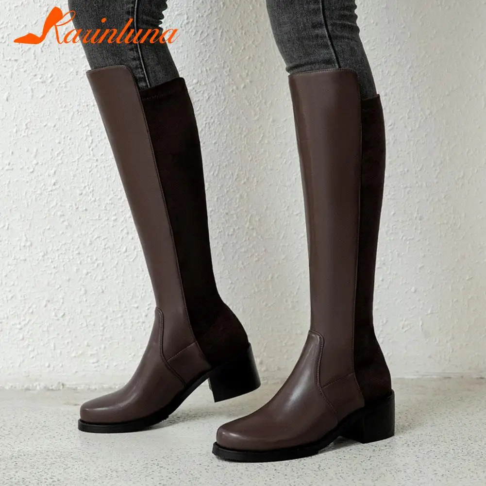 

Женские офисные сапоги до колена Karinluna, лоскутные сапоги без застежки, на квадратном каблуке, с круглым носком, большой размер 33-43