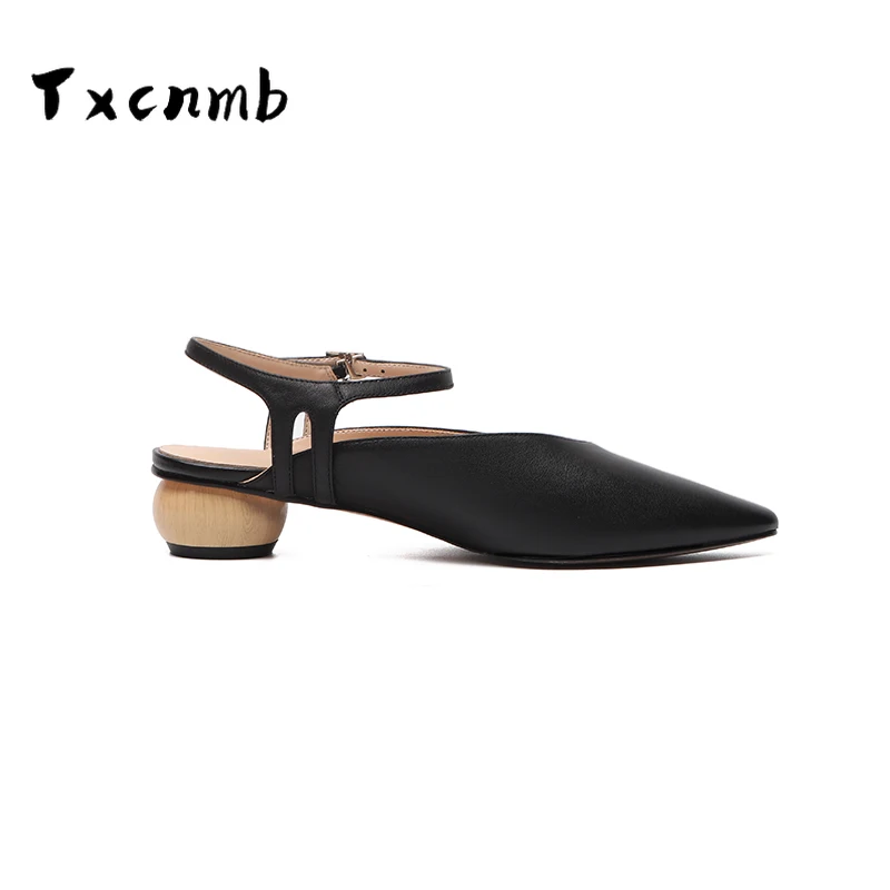 

TXCNMB 2020 Genuine leather Women sandals low heel Comfortable Cow Leather Spring Summer Prom Shoes Pointed Toe Shoes Woman