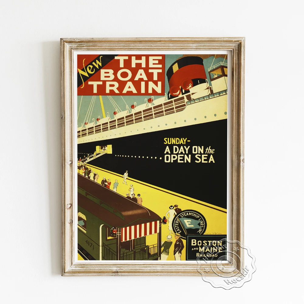 

New The Boat Train Travel Advertising Poster, Boston And Maine Railroad Vintage Prints, Eastern Steamship Lines Inc Wallpaper