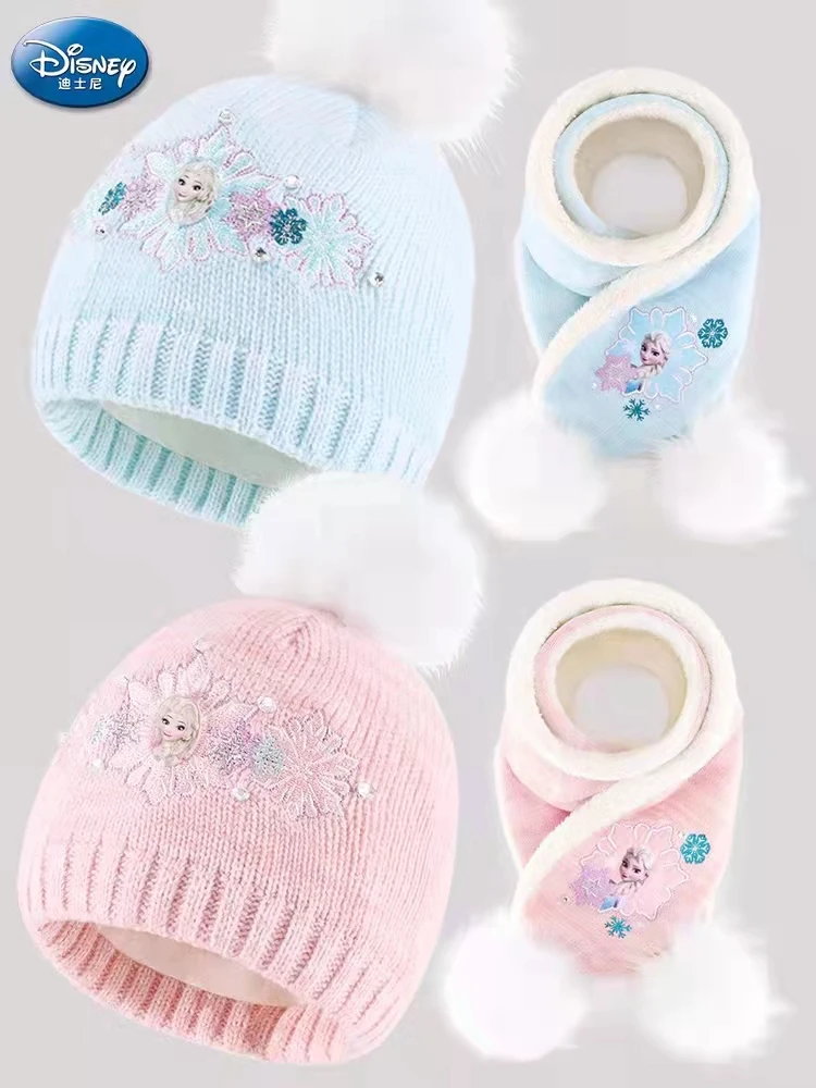 

Disney Frozen Kids Autumn Winter Hat Scarf For Girls Outdoor Wind Proof Thickening Keep Warm Knitted Scarves Suitable 3-10 Years