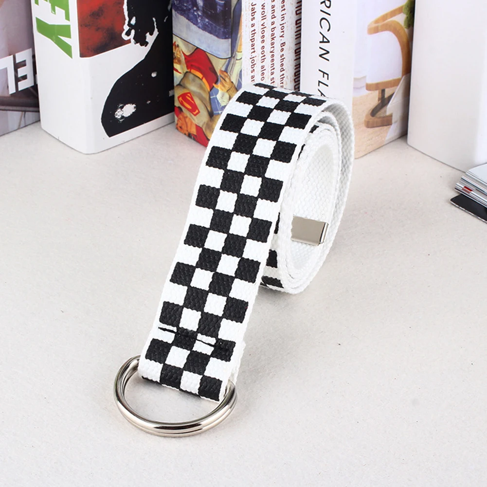 

Girl Power Double D Ring Buckle Black White Plaid Belt Harajuku Fashion 130cm Women Long Belts Female Canvas Strap For Jeans
