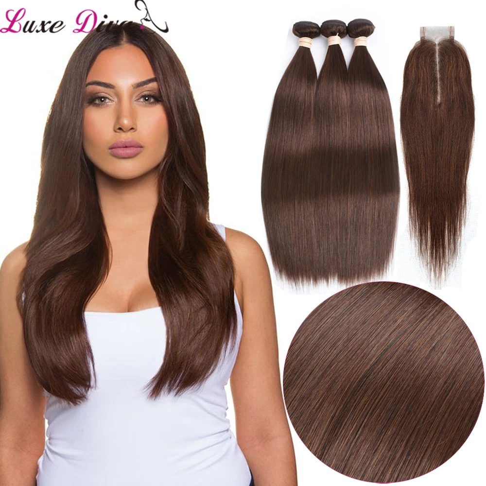 Luxediva Pre-Colored Peruvian Straight Hair Bundles With 2x4 Lace Closure Remy Hair Chocolate #2 #4 Brown Color Human Hair Weave