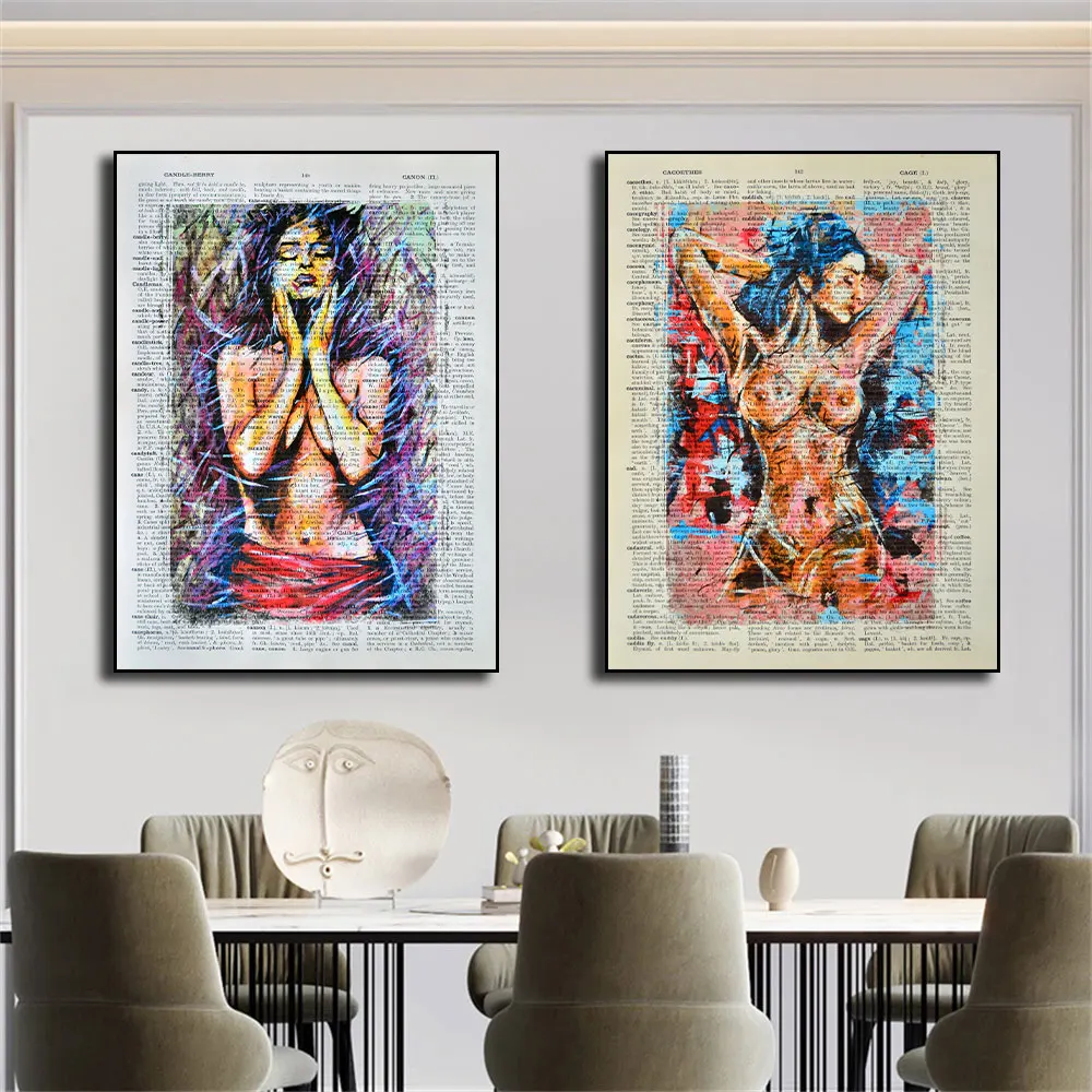 

Abstract Graffiti Nude Girl Art on Literary Poster Canvas Print Wall Real Vintage Page Art Painting for Living Room Home Decor