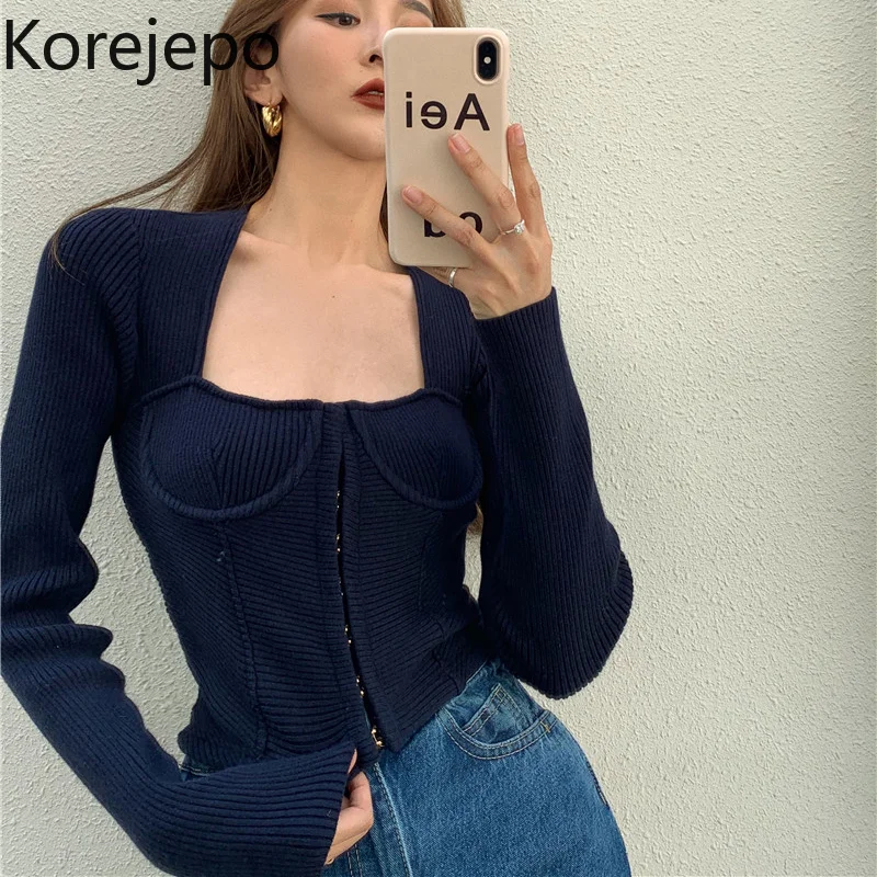 

Korejepo Sexy Slim Short Top Women Antumn and Winter 2021 New Retro Temperament Square Neck Pit Strip Long Sleeve Sweater