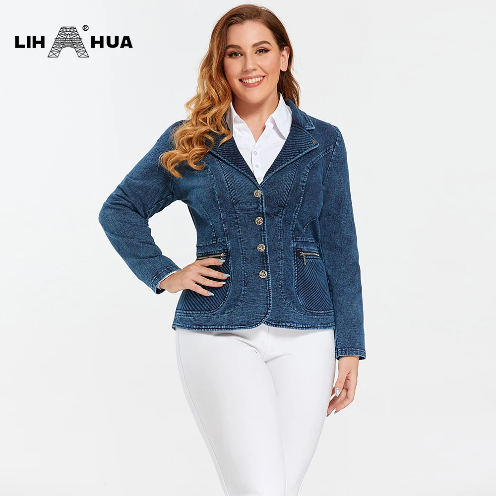 LIH HUA Женская джинсовая куртка больших размеров на заказ, хлопковая вязаная куртка, модная хлопковая вязаная джинсовая куртка