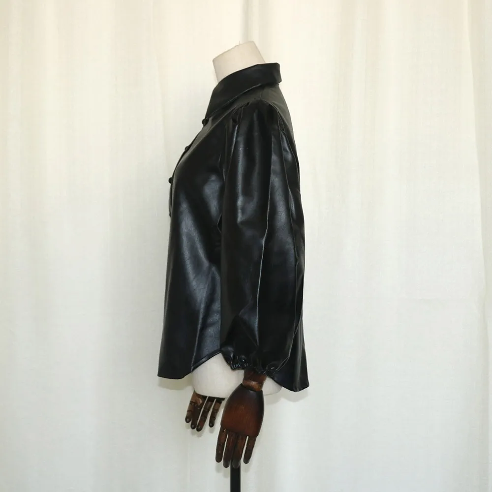 Женская блузка из искусственной кожи черная Свободная рубашка с отложным