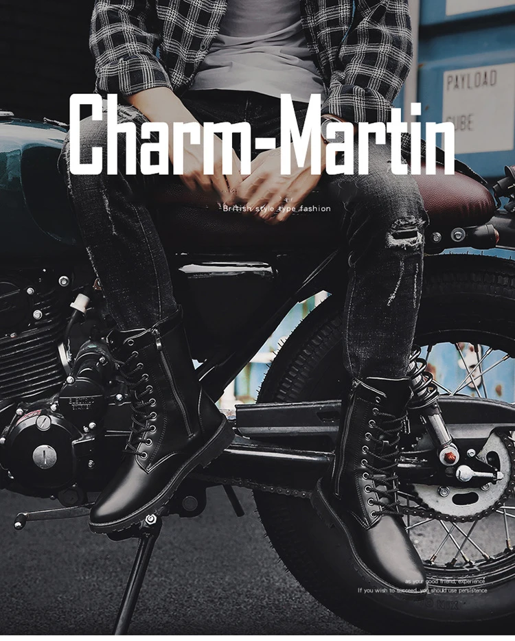 Winter Men Motorcycle Boots Fashion Mid-Calf Punk Rock Punk Shoes Mens BootsLeather Black High top Casual Boot Man