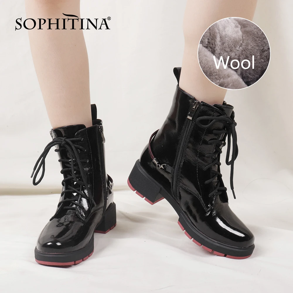 

SOPHITINA Shoes Women Fashion Comfortable Patent Leather High Quality Ladies Boots Zipper Lace-Up Winter Warm Women Boots C824