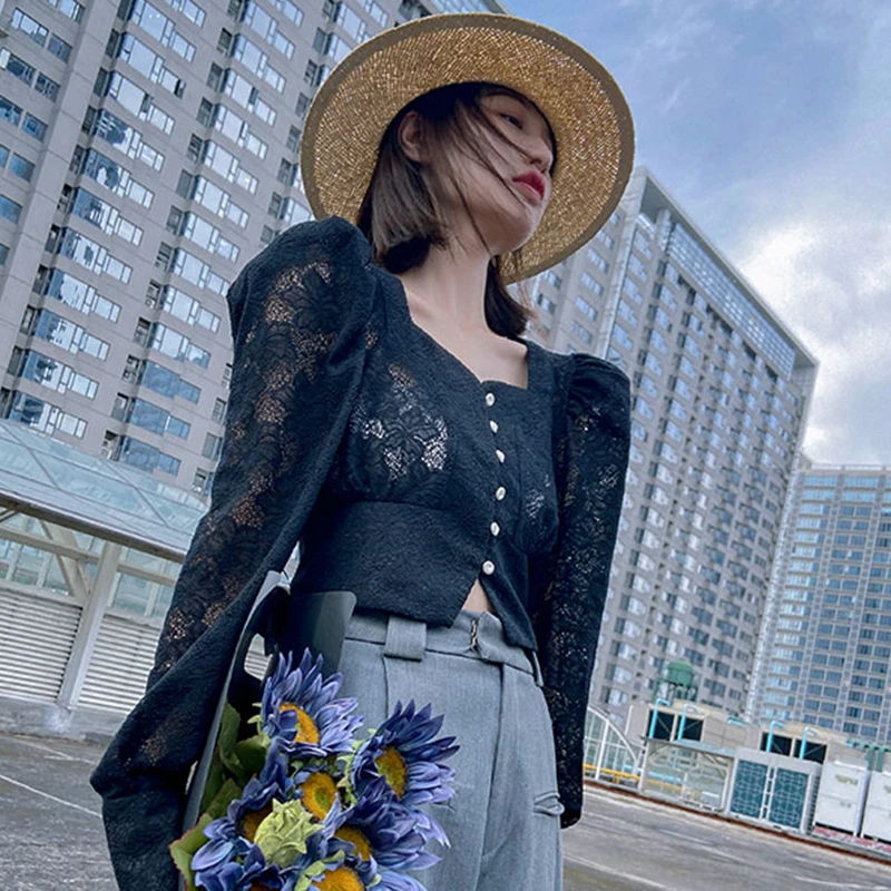 

TWOTWINSTYLE Patchwork Lace Blouse Shirts For Female Square Collar Puff Long Sleeve High Waist Slimming Women's Shirt New 2021