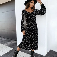 spring long sleeve floral woman dress 2021 summer fashion square neck ruffle black dress ladies casual