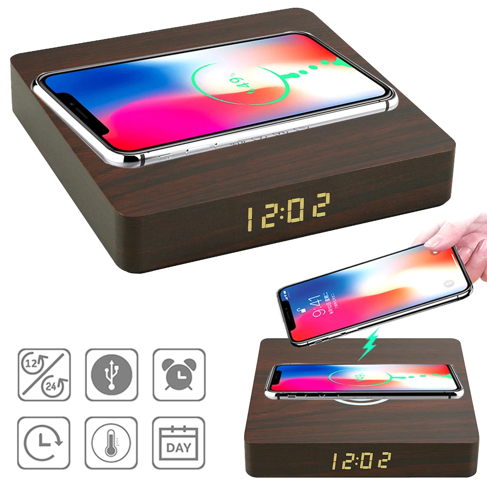 

Wooden Wireless Charger Alarm Clock With Digital Display Fast Charging Pad Mobile Phone Charger Charging Mat Home Decoration