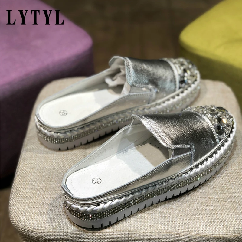 

Rhinestone round platform slippers fashion casual flat shoes ladies leather silver crystal love summer non-slip rubber shoes
