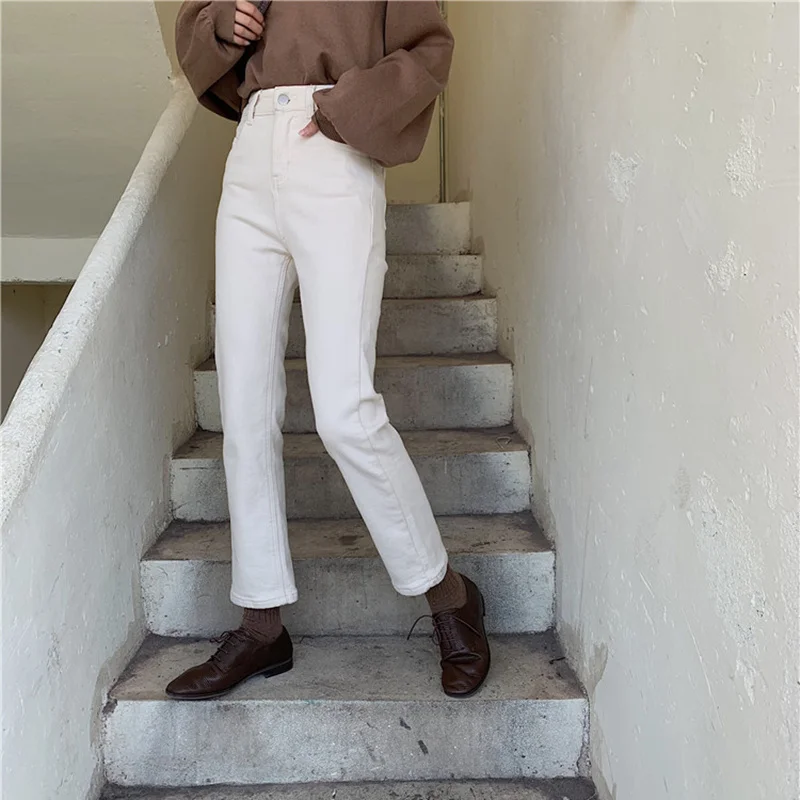 

REALEFT Autumn Winter White Denim Pants High Waist Fashion Straight Cowboy Jeans Pants Korean Style Casual Long Trouser Pocket
