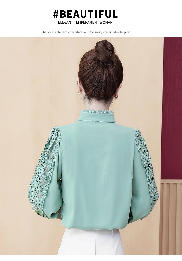 

New Elegant Stand-up collar Stitching Lace Blouse Korean Sweet Crochet Hollow out top Long-sleeved Women Chiffon shirt