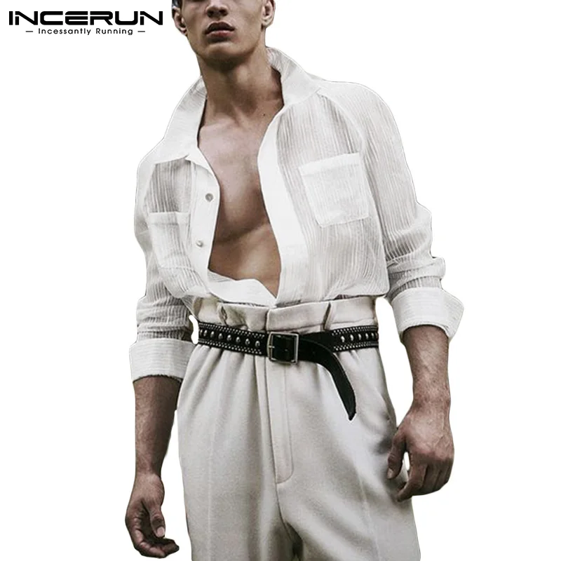 

Men Casual Shirt Transparent Solid Color Lapel 2021 Breathable Long Sleeve Fashion Thin Men Clothing Streetwear Camisas INCERUN