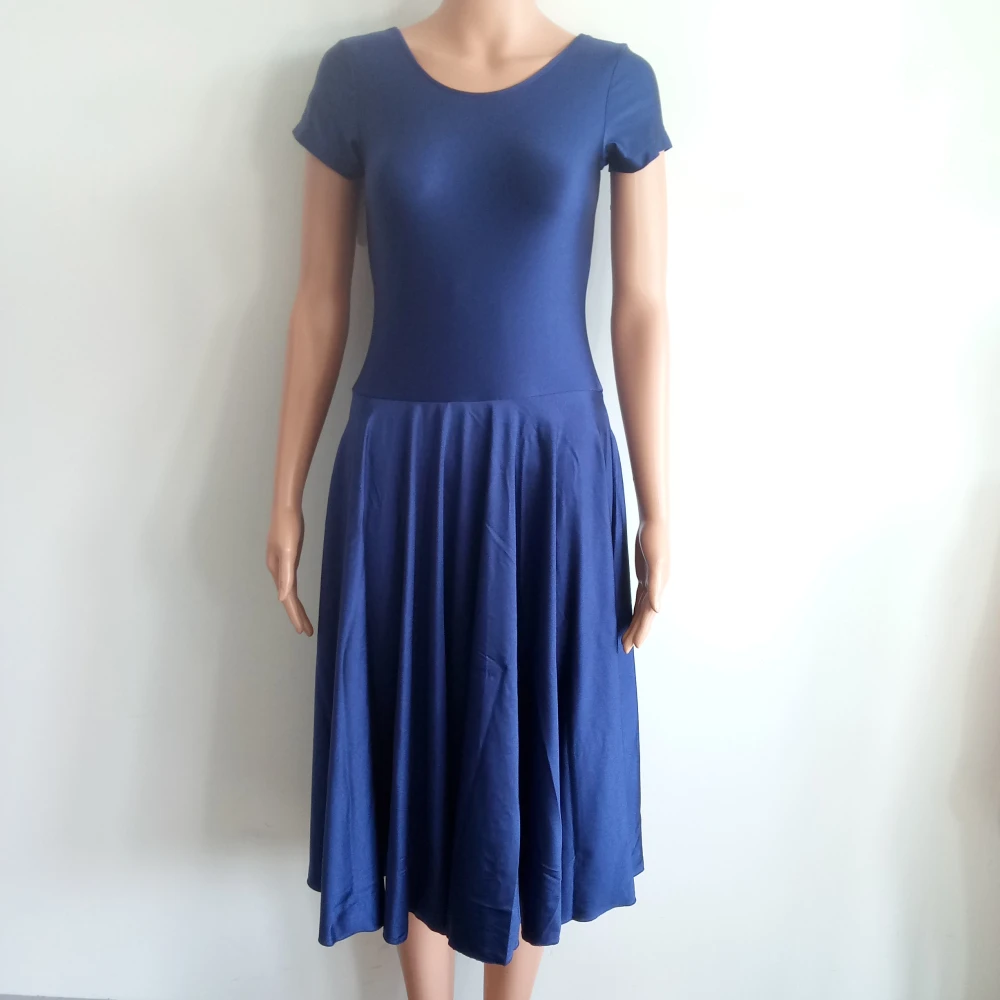 Navy Blue Женское платье с коротким рукавом и длинным трико, современный Лирический костюм из блестящей лайкры, 18 цветов, полный размер - Цвет: Navy Blue