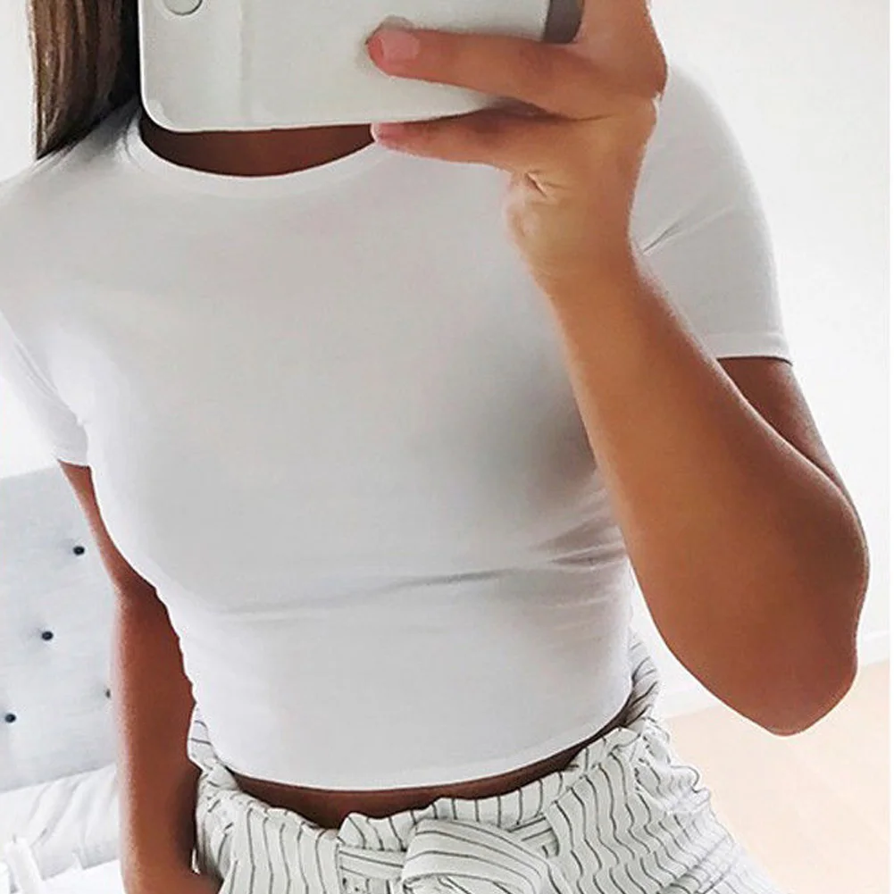 

O Neck Knit White Crop Top Women Summer Casual T Shirt Basic Sexy Streetwear Ribber Black Short Sleeve Tops