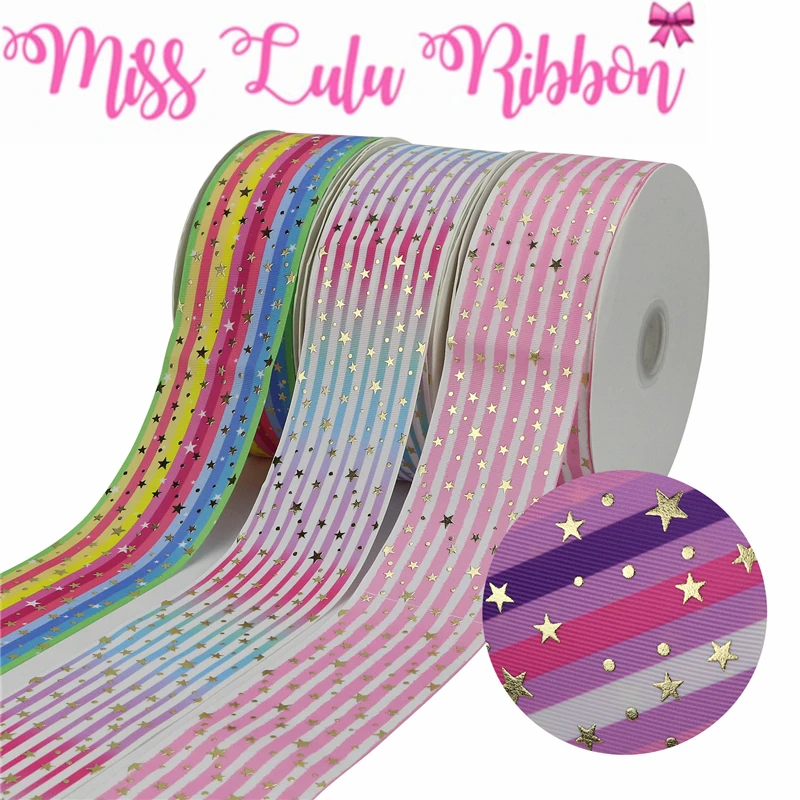 

3"75mm Shiny Star Gold Foil Rainbow Stripes Printed Grosgrain Ribbon DIY Wedding Party Decor Hair Bowknots 50yards/roll