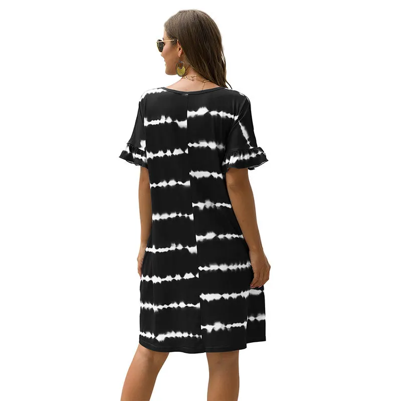 

2020 Fashion Women Dress Summer Short Sleeve V-Neck Casual Loose Dress Street Pocket Wave Stripe Tie-dyed Dresses Plus Size