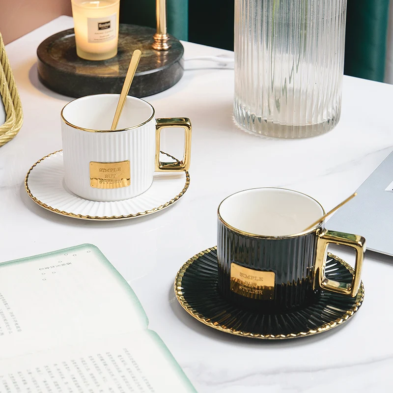 Ceramics Golden Handle Stripe Coffee Cup And Saucer Set With Spoon Breakfast Milk Juice Drink Mug Afternoon Tea Water Ware Gift | Дом и сад