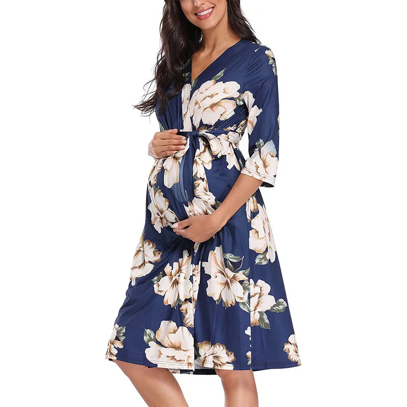 

Sexy Women Printed Pajamas Maternity Robes Three Quarters Regular Sleeve Big Open V-neck Knee-length Fit and Flare Robes