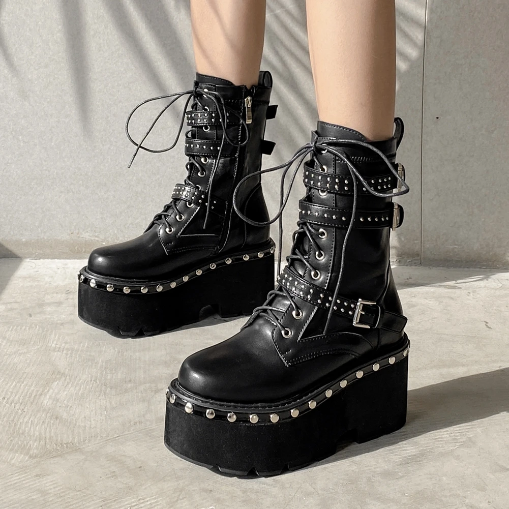 

DoraTasia Brand New Female Platform Ankle Boots Fashion Buckle Rivet Chunky High Heels Zip Boots Women Punk Street Shoes Woman