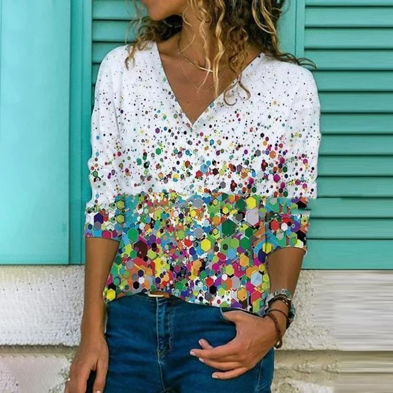 

3XL Spring Diamond Color Printing Women Shirt Lady Elegant V-Neck Long Sleeve Top Autumn Casual Loose Oversize Streetwear Blusa