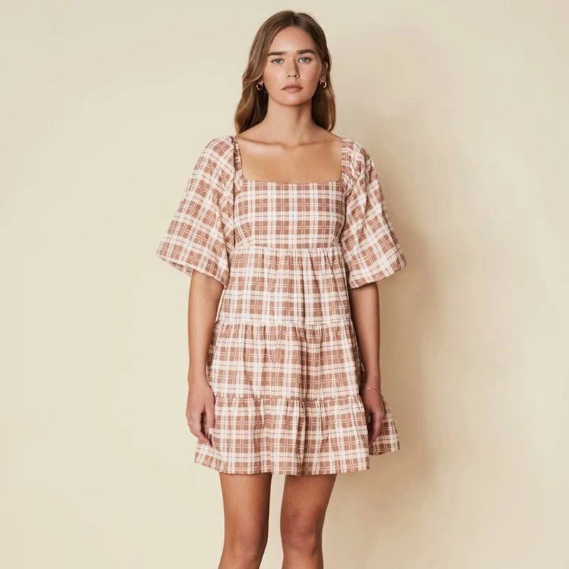 

Plaid Mini Dress Women Vintage Square Collar Lantern Sleeve Back Bandage Party Dress Club Ruffle Patchwork A-line Beach Dress