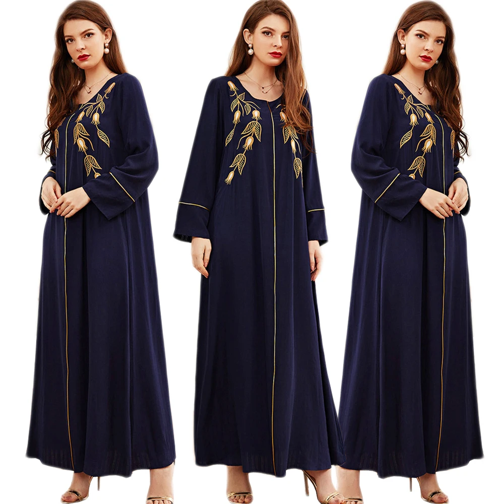 

Vintage Kaftan Ethnic Embroidery Women Long Sleeve Long Dress Muslim Arabic Abaya Eid Ramadan Maxi Robe O-neck Gown Casual Loose
