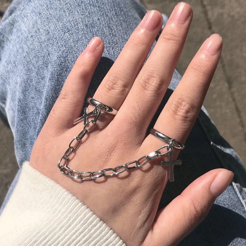 

Hip-hop Chain Combination Ring Punk Fan Open Cross Male And Female One-piece Dark Ring Index Finger Ring