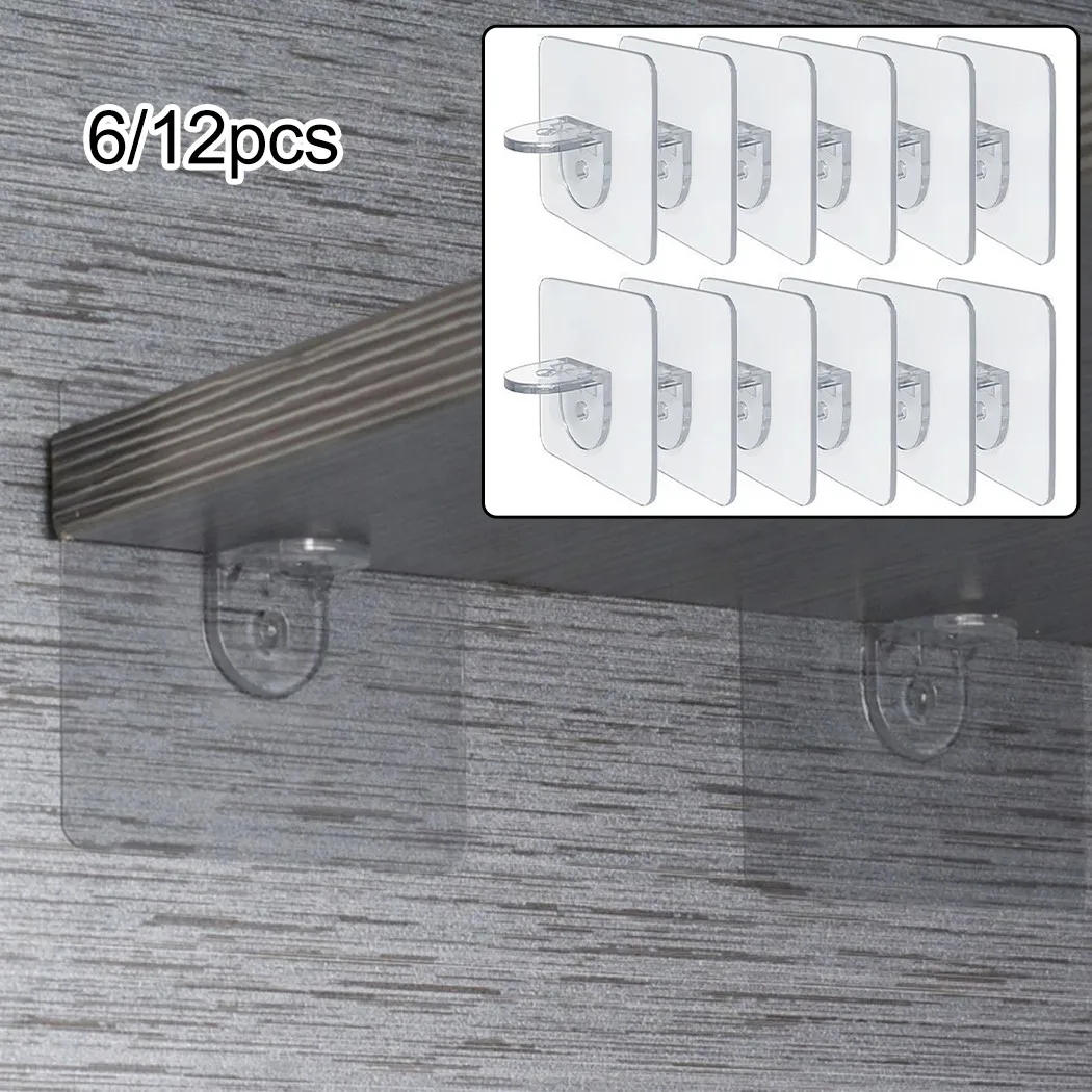 

6/12PCS Adhesive Shelf Support Pegs Punch-free Clear Cabinet Shelf Wall Hangers Shelf Support Hooks Wardrobe Board Holder