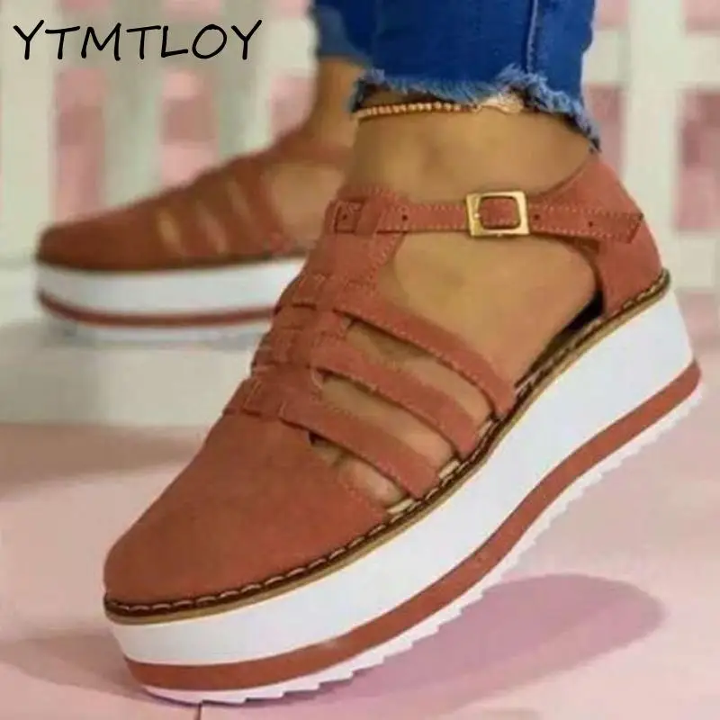 Thick-soled 2021 New Women's Shoes Solid Wedge Sandals Buckle Casual | Обувь