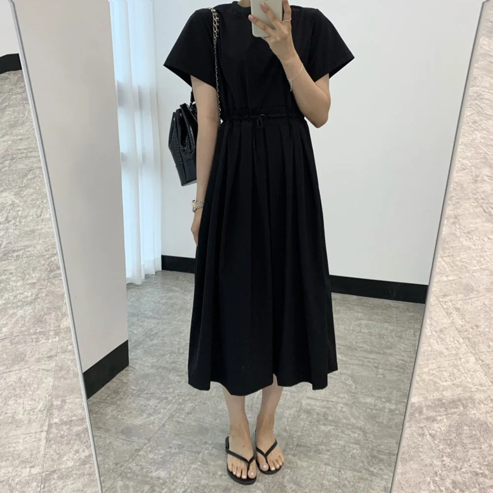 

Japanese Korean Version Women's Dress Fashion Draw Back Casual Temperament Simple Elegant Round Neck Summer
