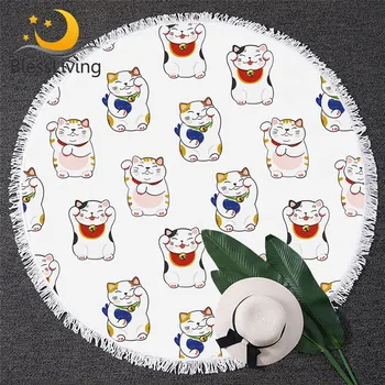 BLessliving Maneki Neko Beach Towel Beckoning Cat Round Bath Towel Japanese Lucky Cat Towel Summer Blanket Cartoon Beach Mat 1