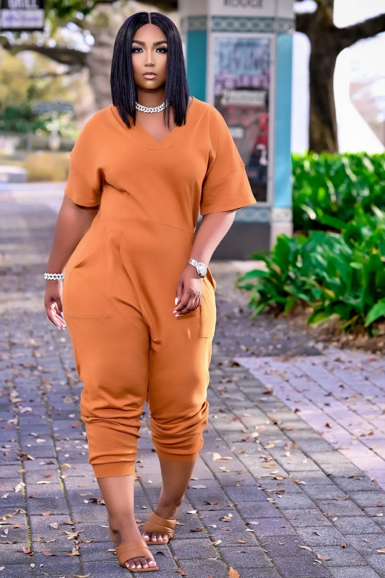 

Coffeehot Jumpusits women's plus size clothing Fashion Casual Solid V-neck Loose jumpsuit women